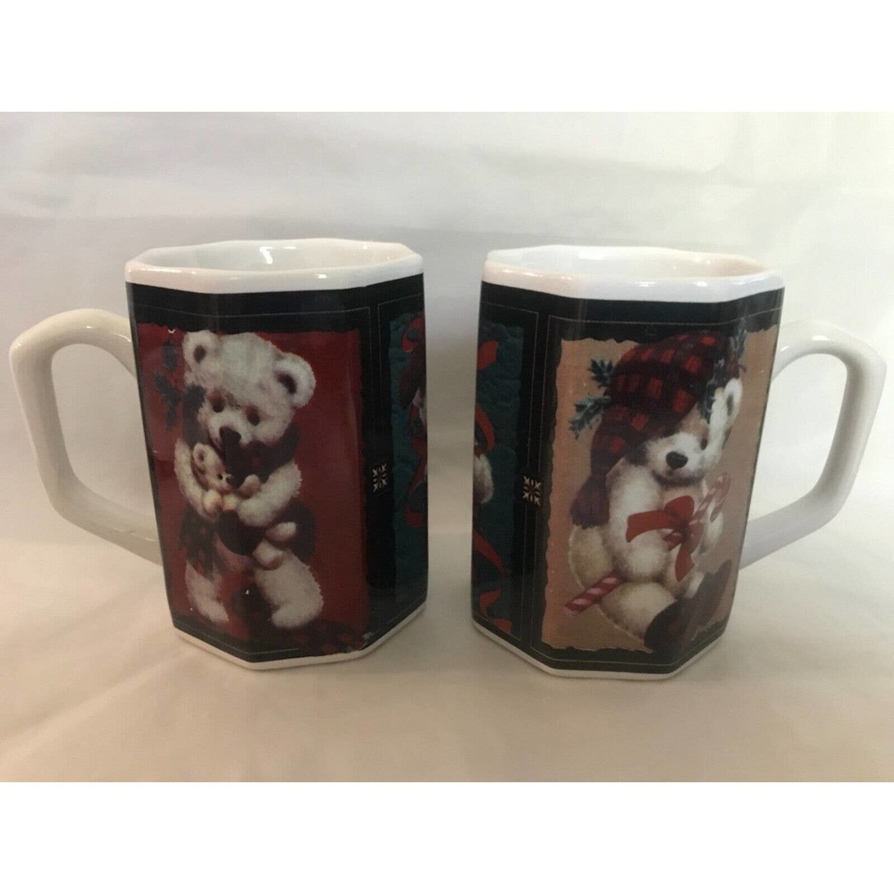 Vintage Giftco Tartan Christmas Teddy Bear Octagon Coffee Cup/Mug Set of 2